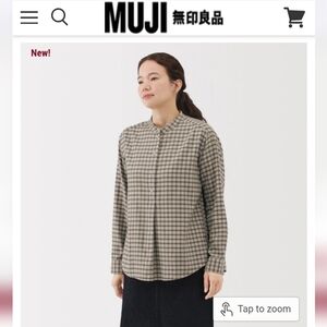 MUJI NWT Organic Cotton Flannel Stand Collar Blouse - Grey Check XS